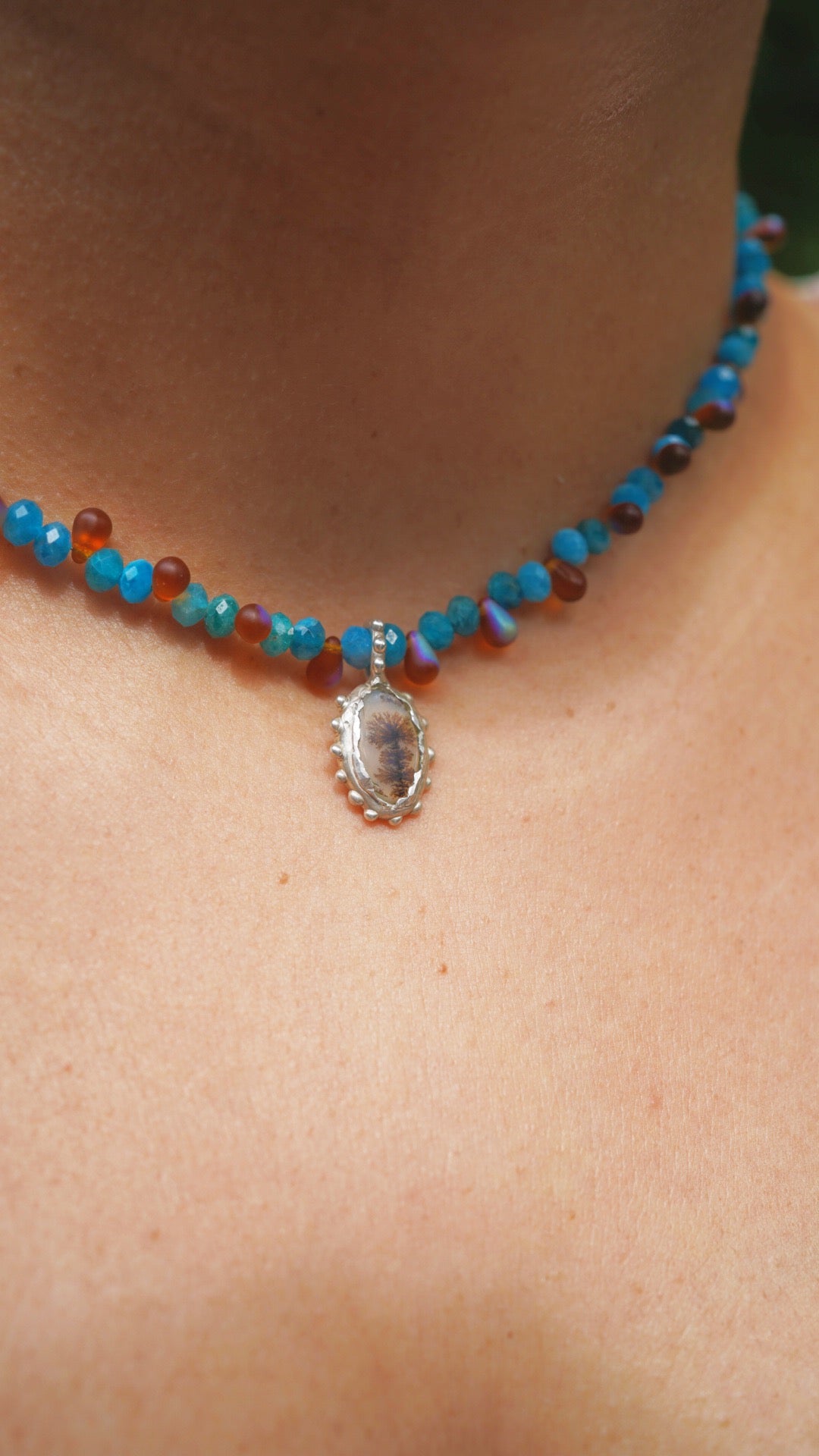 Beaded dendritic agate charm necklace