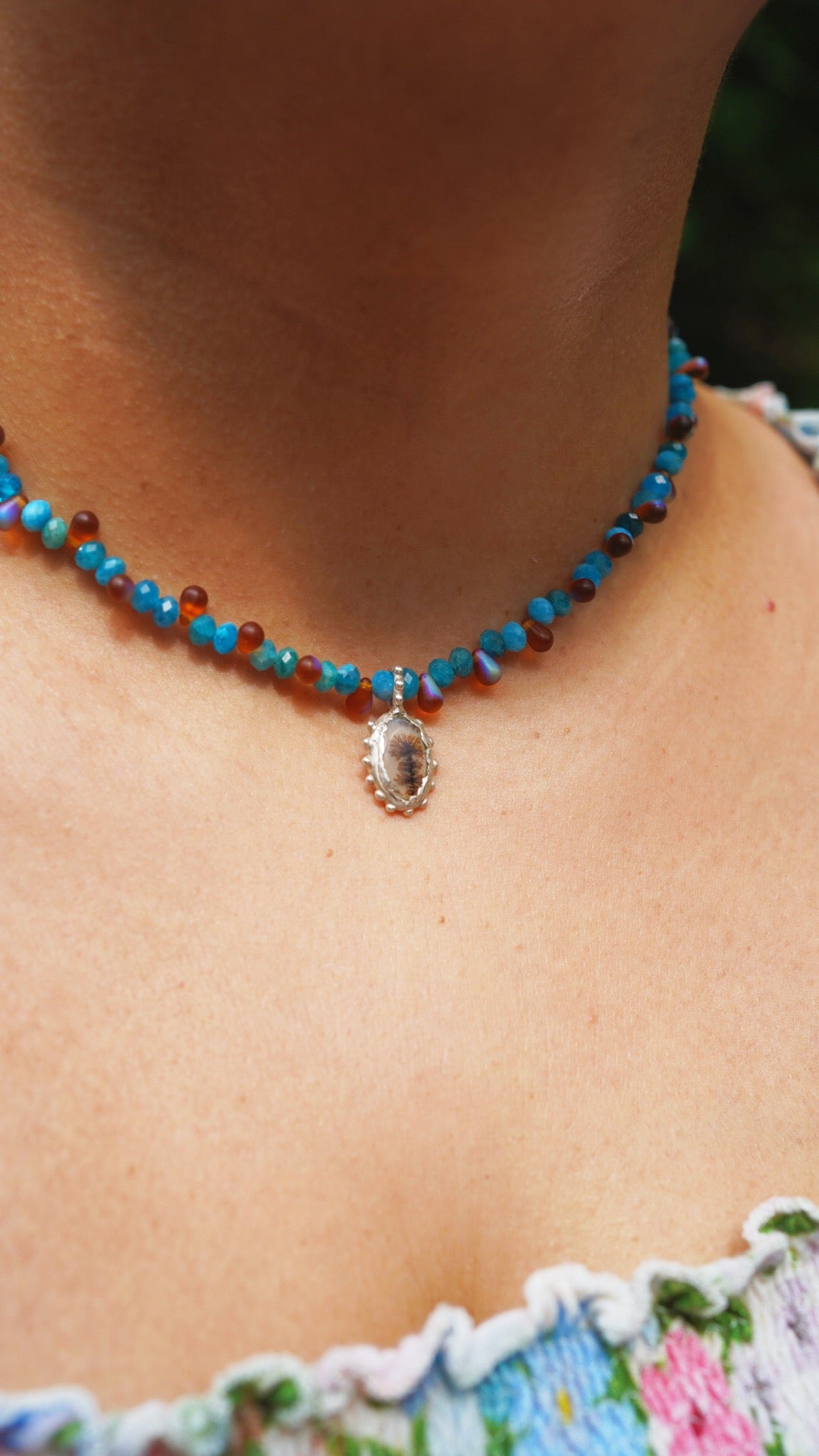 Beaded dendritic agate charm necklace